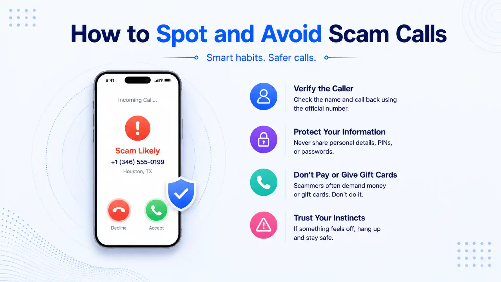 How to spot and avoid scam calls — verify the caller, protect your information, never pay or give gift cards, and trust your instincts