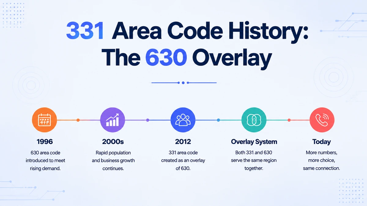 History of the 331 area code — Illinois 2007 overlay of 630, tracing the western Chicago suburbs from the 1947 Bell System through the 1996 split and the 2007 331 overlay launch