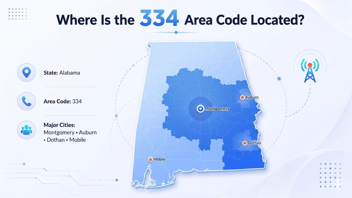 334 area code location map — central and southeastern Alabama, from Montgomery south to Dothan and east to the Georgia border