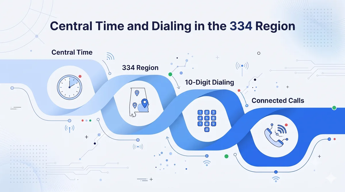 334 area code Central Time zone — all of Alabama runs on CST and CDT, one hour behind the US East Coast