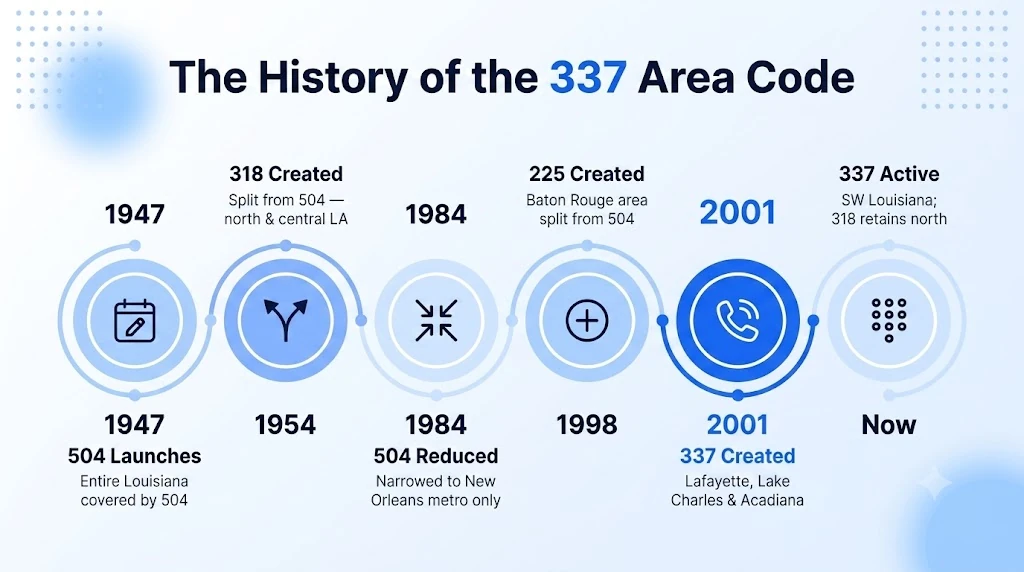 Timeline showing the history of the 337 area code from Louisiana's original 504 code through the 2001 split from 318