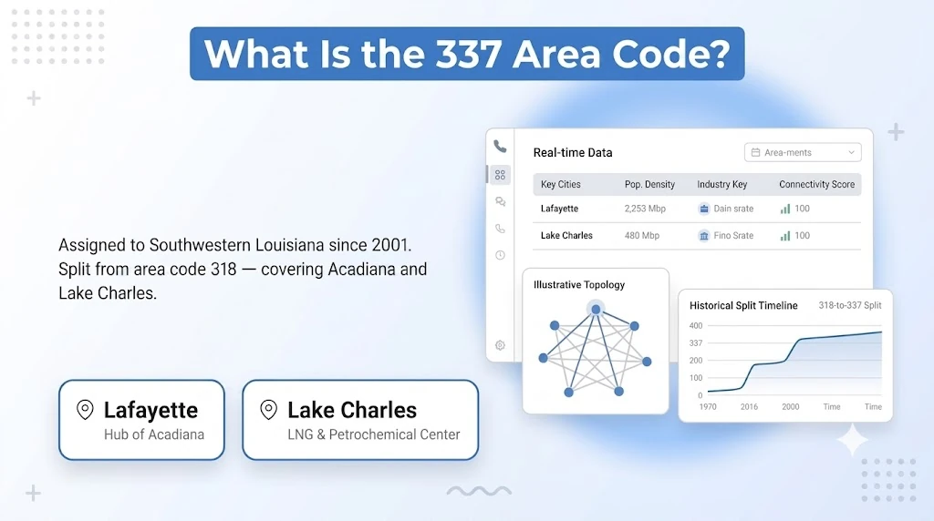 337 area code coverage map showing southwestern Louisiana including Lafayette and Lake Charles