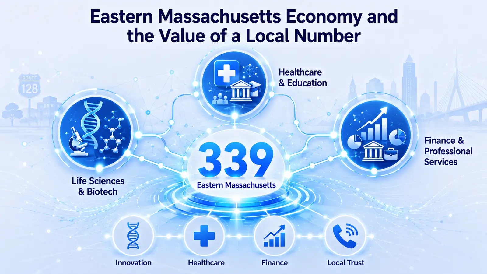 Route 128 biotechnology corridor and eastern Massachusetts business district — 339 area code serving Waltham, Woburn, and the Greater Boston innovation economy