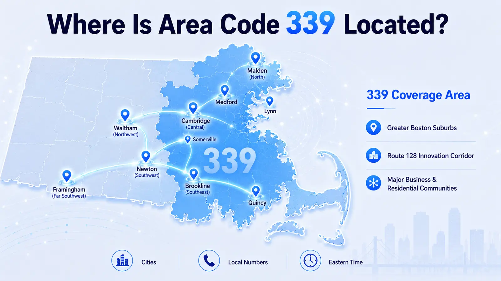 339 area code location map — eastern Massachusetts suburbs of Greater Boston served by the 339 and 781 overlay from Quincy to Brockton and Waltham
