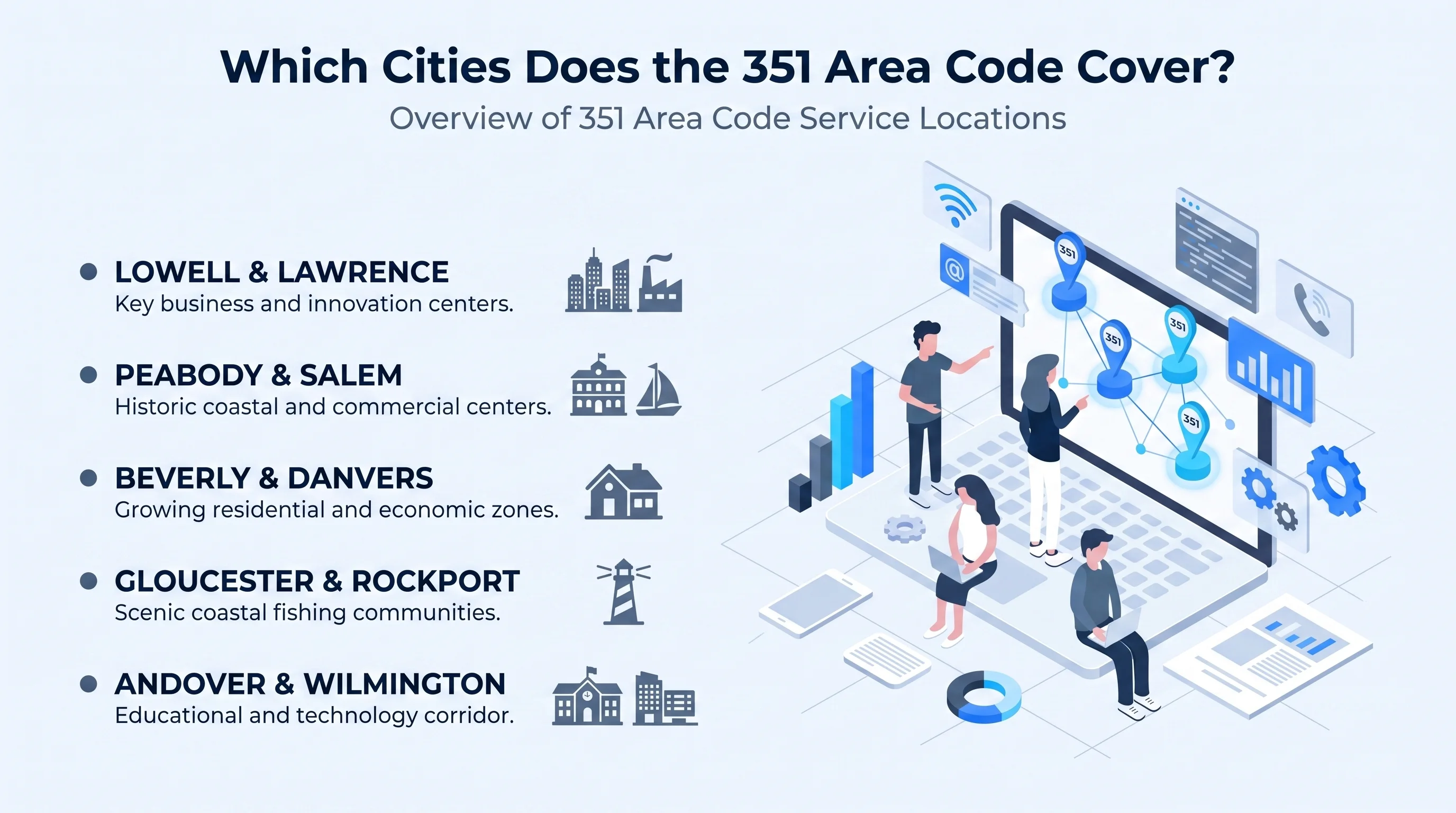 Major cities covered by the 351 area code in northeastern Massachusetts