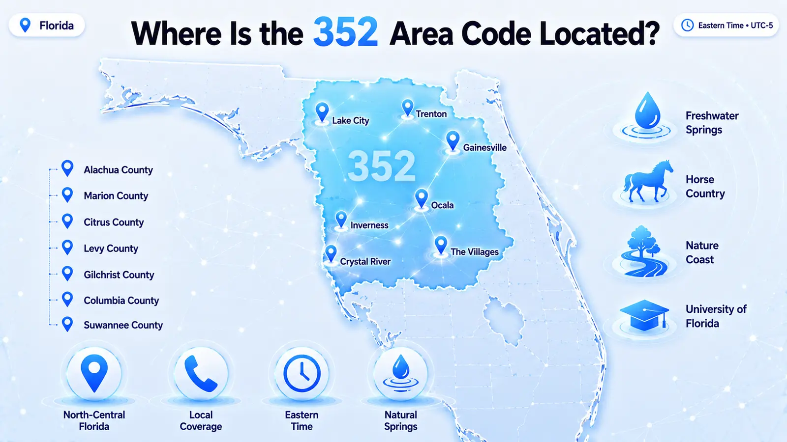 352 area code location map — north-central Florida coverage including Gainesville, Ocala, and Citrus County