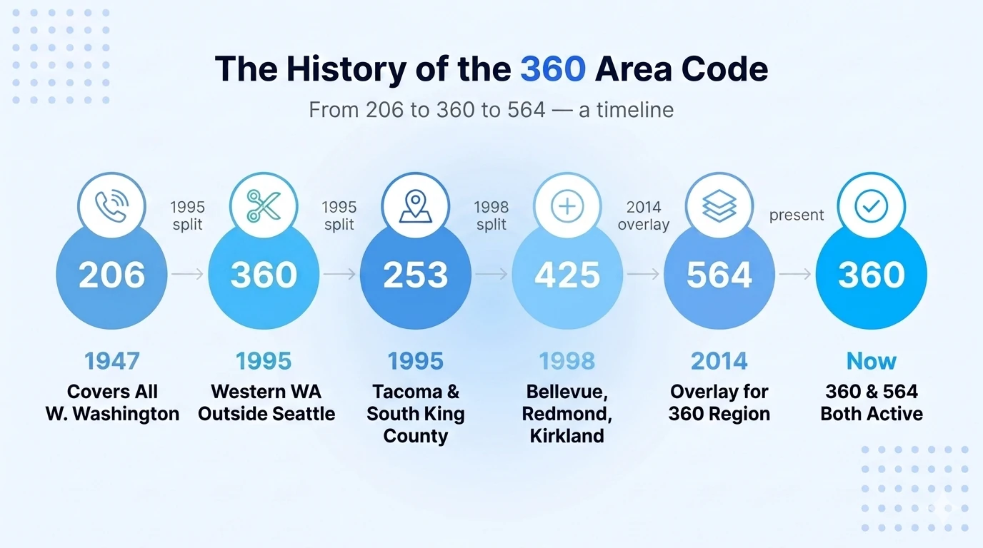 Timeline showing the history of the 360 area code from Washington's original 206 code through the 1995 split
