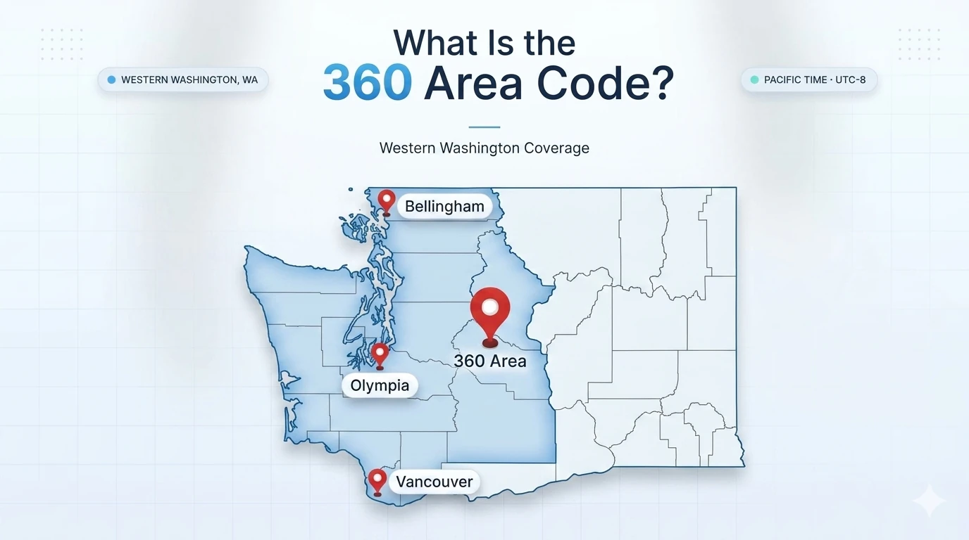360 area code coverage map showing western Washington state including Vancouver, Bellingham, and Olympia
