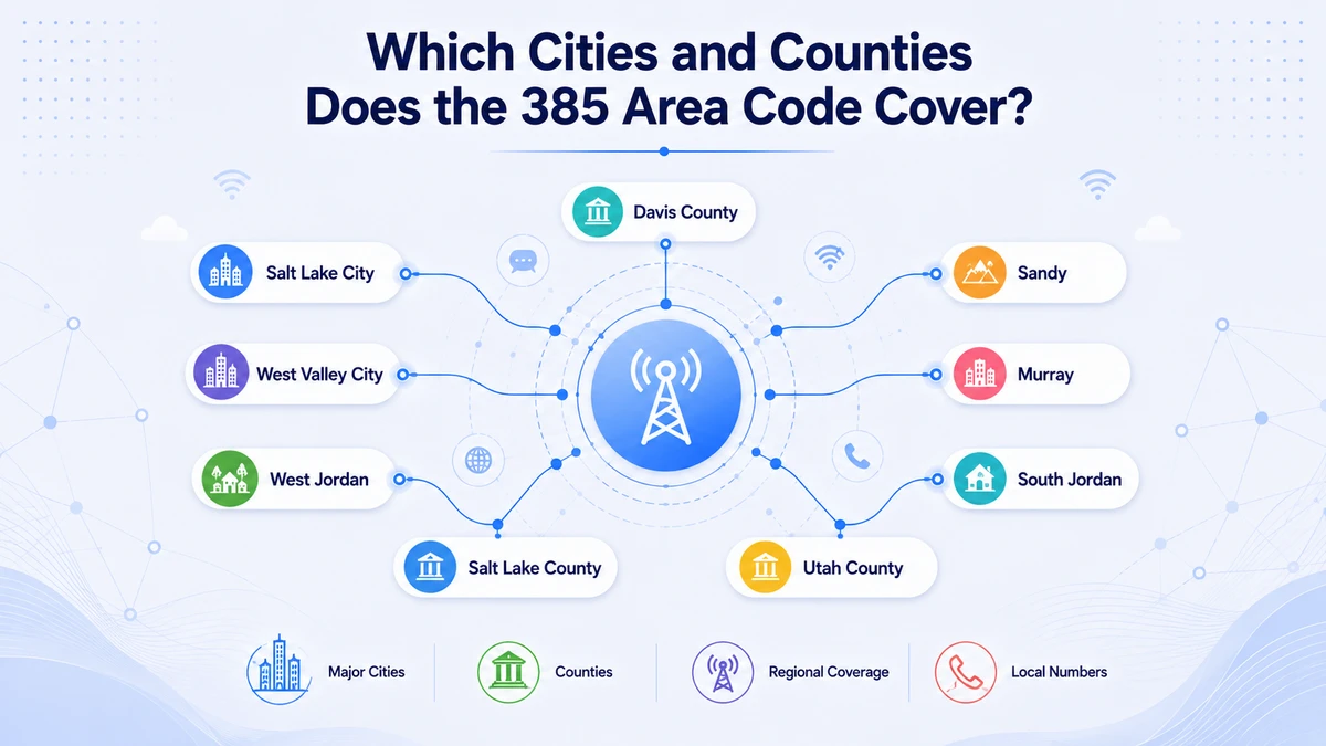 Map of cities and counties covered by the 385 area code in Utah's Wasatch Front — Salt Lake City, Provo, Ogden and surrounding areas