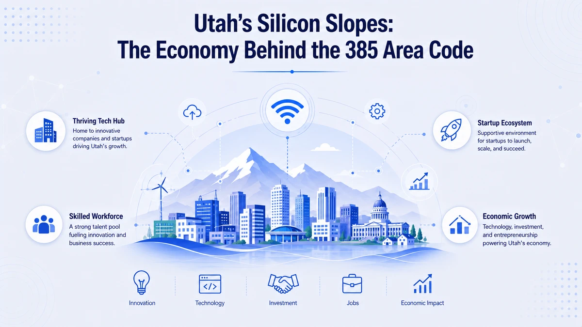 Utah Silicon Slopes tech economy in the 385 area code — Salt Lake City skyline, tech campuses, and Wasatch Front business district