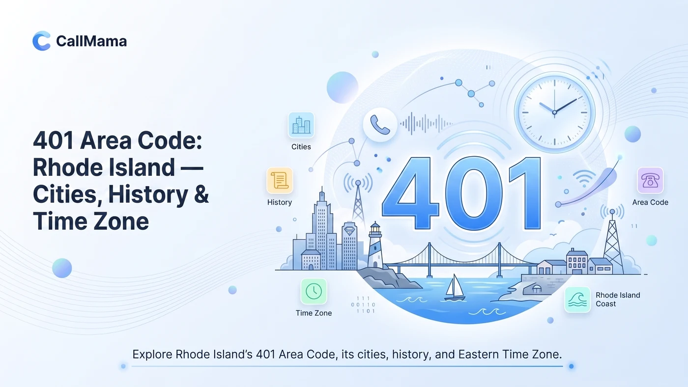 401 area code — Rhode Island map covering Providence, Warwick, Cranston, Pawtucket, and Newport with cities, history, time zone, and area code details