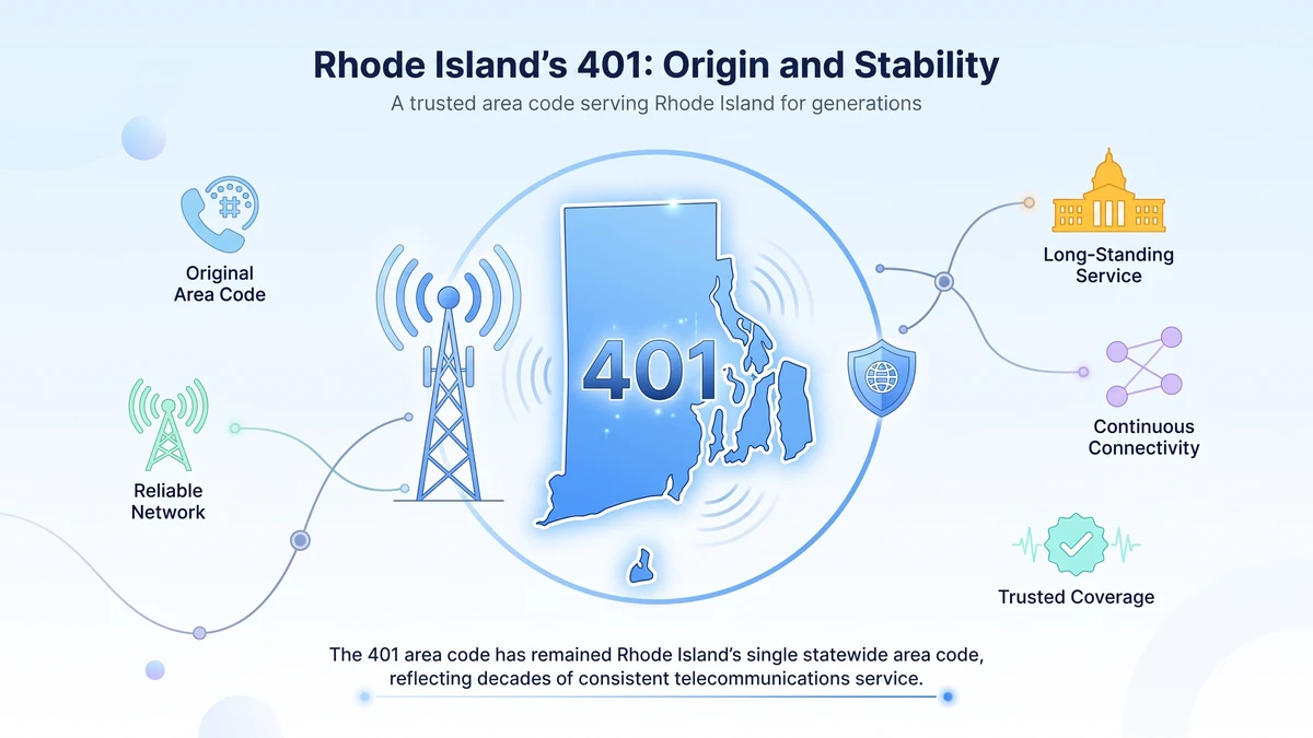 Rhode Island's 401 area code origin and stability — original area code, reliable network, long-standing service, and trusted coverage for generations