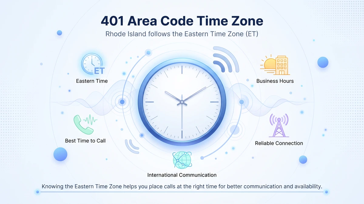 401 area code time zone — Rhode Island follows Eastern Time, with best time to call, business hours, and reliable international communication