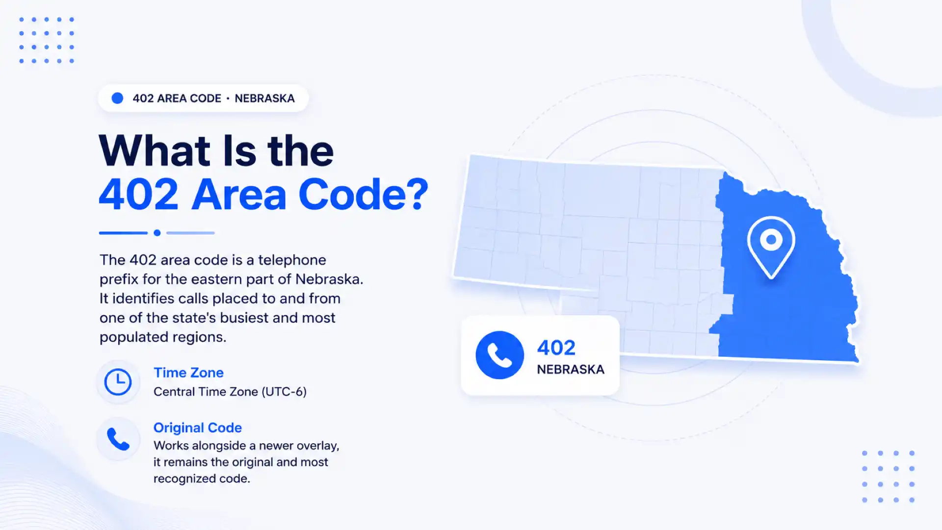 What is the 402 area code — a telephone prefix for eastern Nebraska in the Central Time Zone (UTC-6)