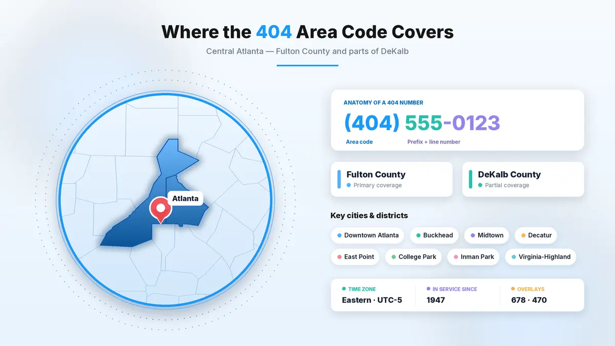 404 area code location and coverage map — central Atlanta and nearby suburbs in Fulton and DeKalb counties, Georgia