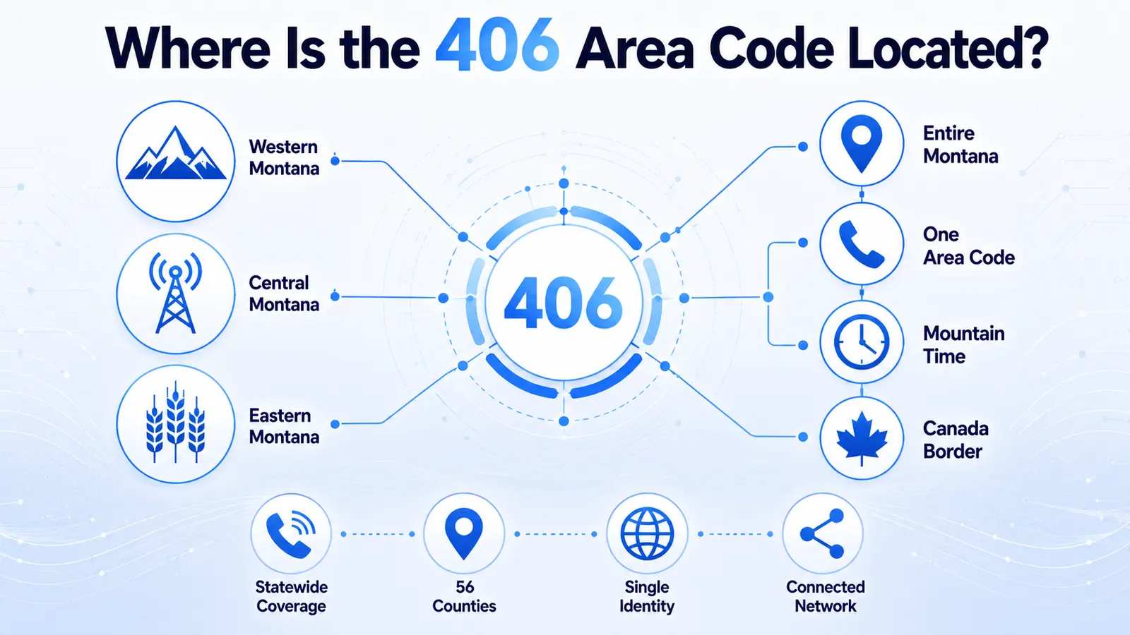 406 area code location map — Montana coverage across all 56 counties from Billings in the east to Missoula in the west