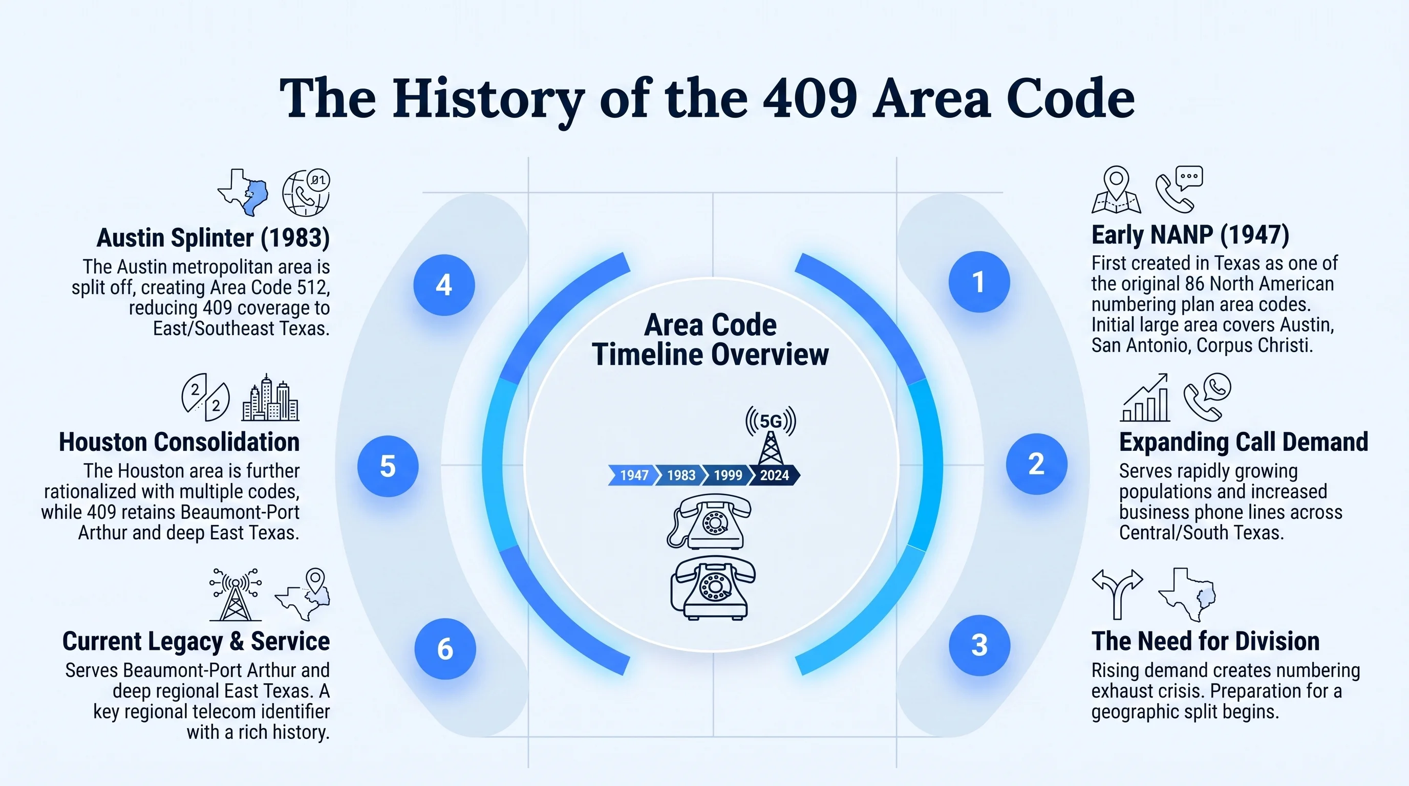 History of the 409 area code — created in 1983 as a split from the 713 Houston area code