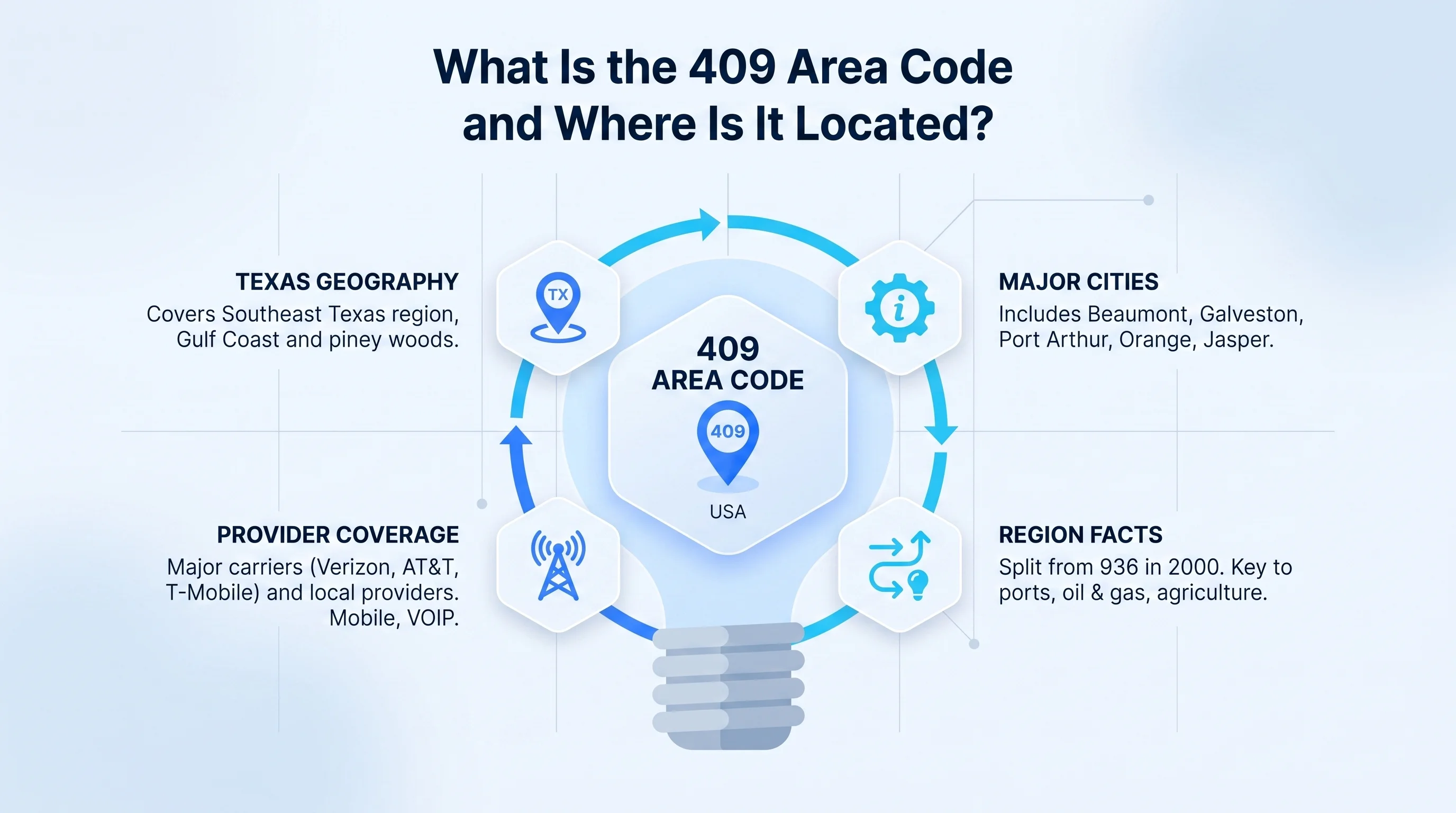 Map showing the 409 area code location across southeastern Texas