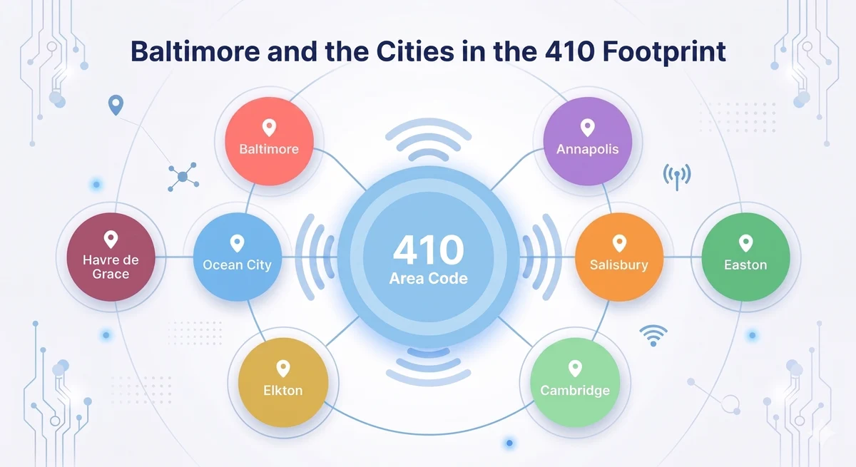 Baltimore and cities in the 410 area code footprint — eastern Maryland from Baltimore to the Eastern Shore