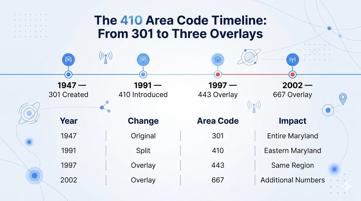 410 area code timeline — from Maryland's original 301 prefix in 1947 through the 1991 split and the 443 and 667 overlays