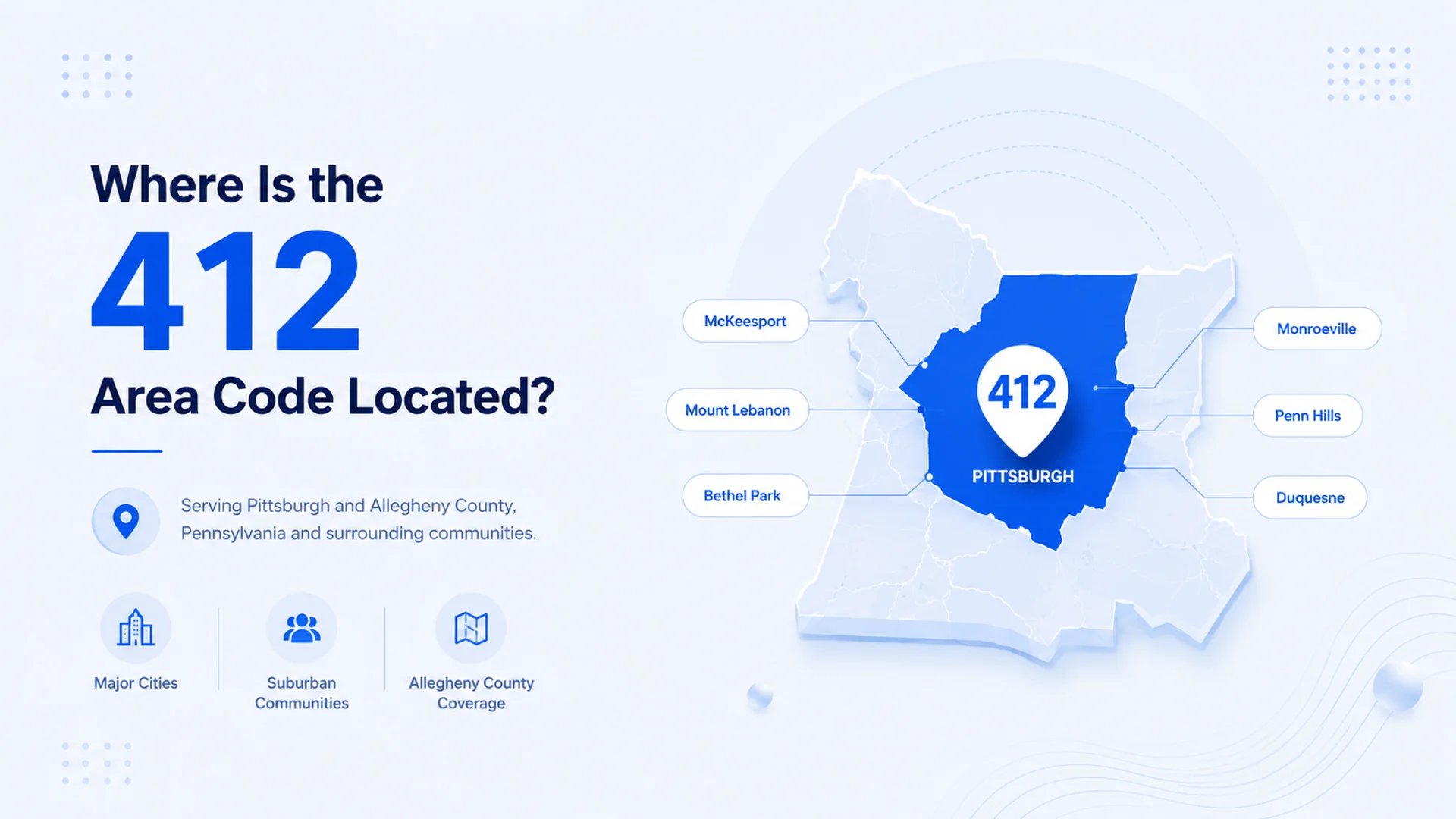 412 area code cities — Pittsburgh, Bethel Park, Mount Lebanon, Penn Hills, McKeesport, Monroeville, Duquesne, and communities across Allegheny County, Pennsylvania