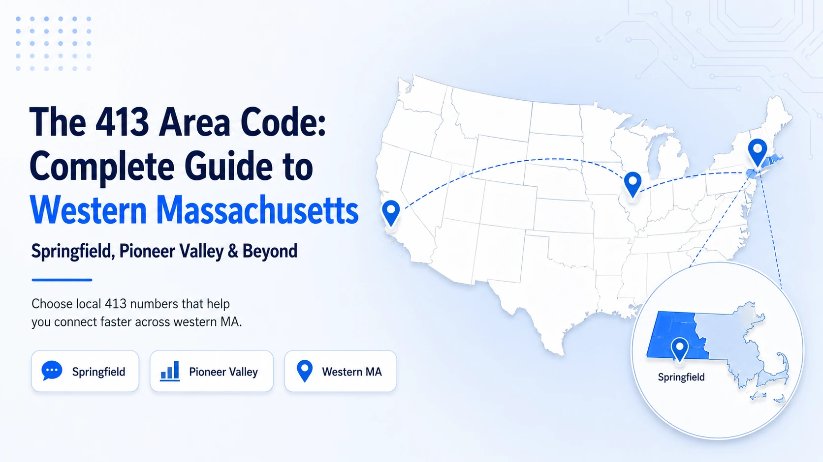 413 area code — western Massachusetts coverage map showing Springfield, Northampton, and Pittsfield