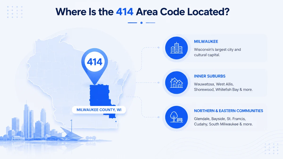 414 area code cities — Milwaukee, Wauwatosa, West Allis, Shorewood, Whitefish Bay, Glendale, Cudahy, South Milwaukee, and communities across Milwaukee County, Wisconsin