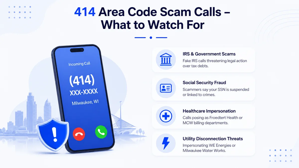 414 area code scam calls — IRS impersonation, Social Security fraud, Froedtert healthcare spoofing, university scams, and utility fraud using spoofed Milwaukee numbers
