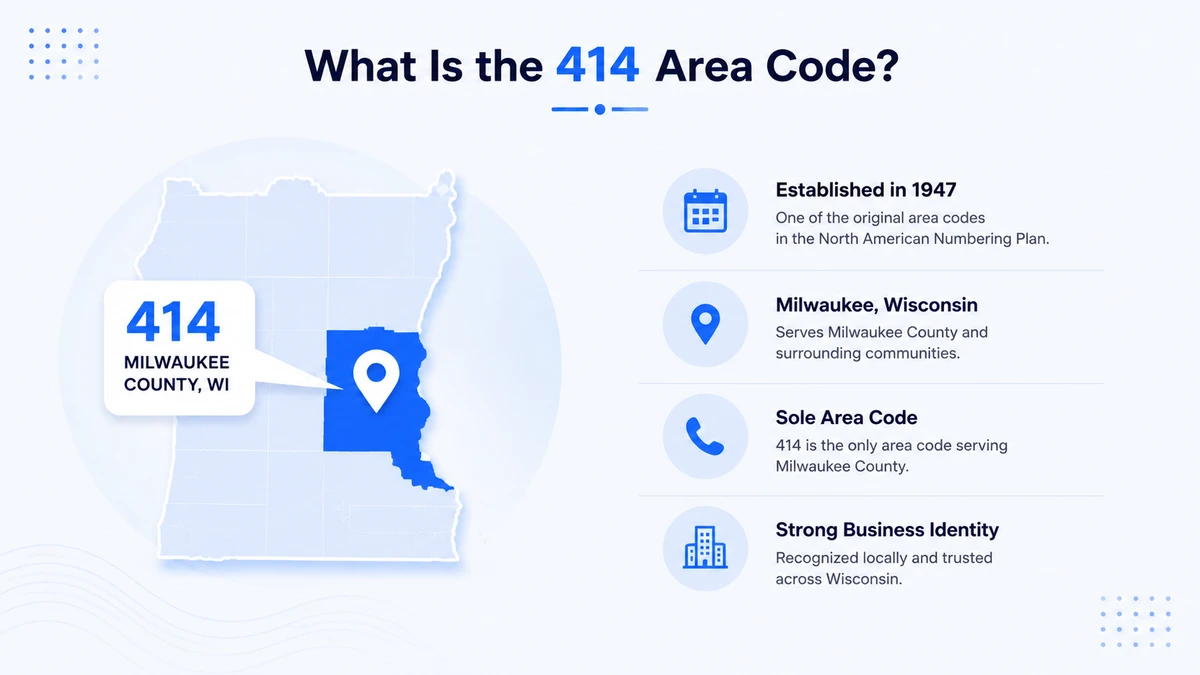 414 area code explained — one of America's original 1947 NANP codes, serving Milwaukee and Milwaukee County, Wisconsin as the region's sole telephone prefix