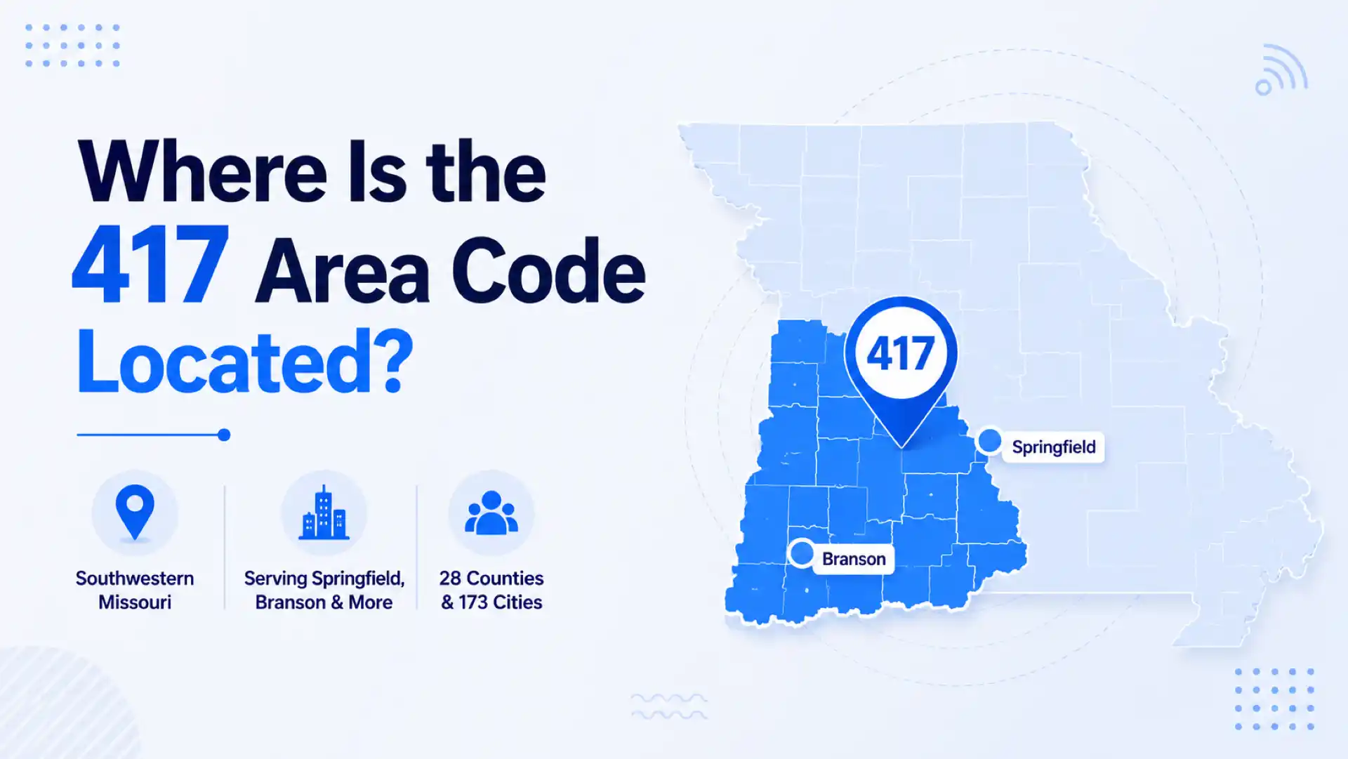Where is the 417 area code located — map of southwestern Missouri showing Springfield and Branson