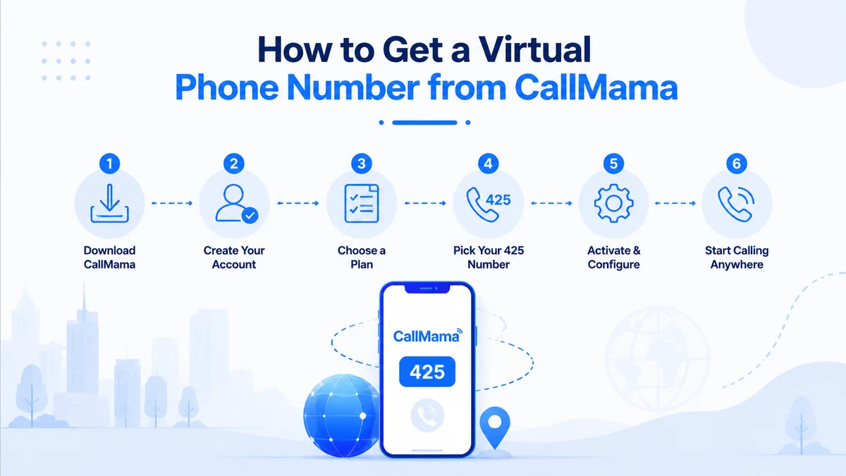 How to get a virtual 425 phone number — download CallMama, select a Bellevue or Seattle Eastside number, activate instantly and start calling from anywhere in the world