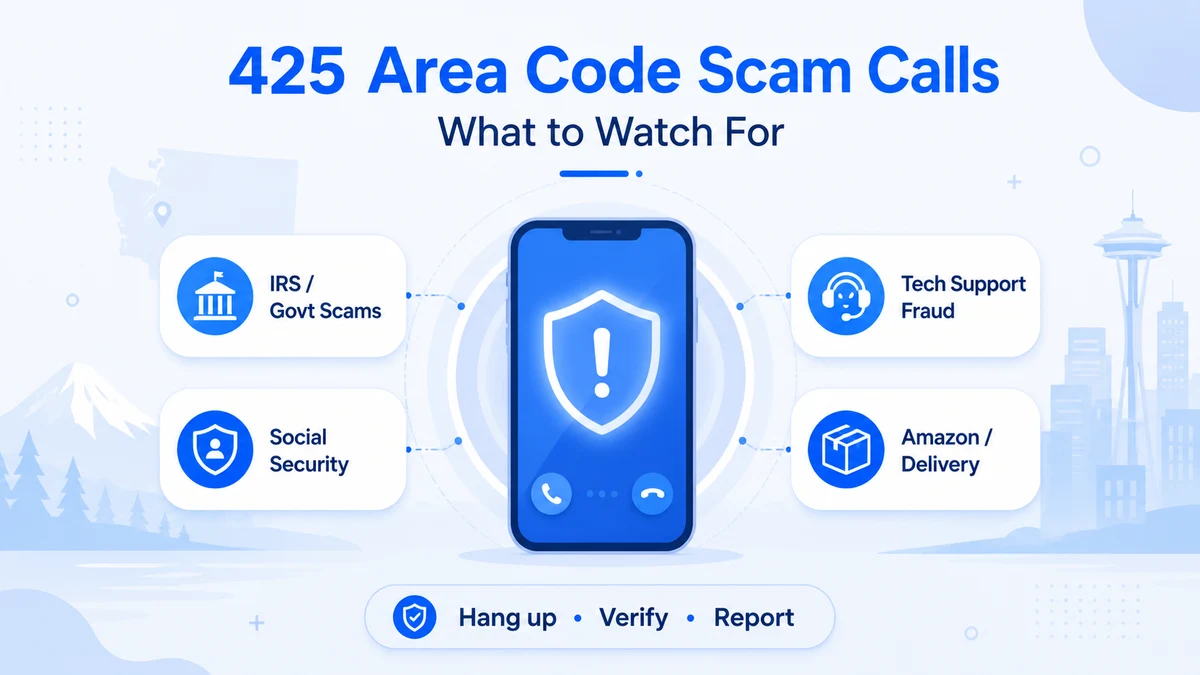 425 area code scam calls — IRS impersonation, Microsoft tech support fraud, Social Security scams, Amazon impersonators, and healthcare spoofing using fake Seattle Eastside numbers