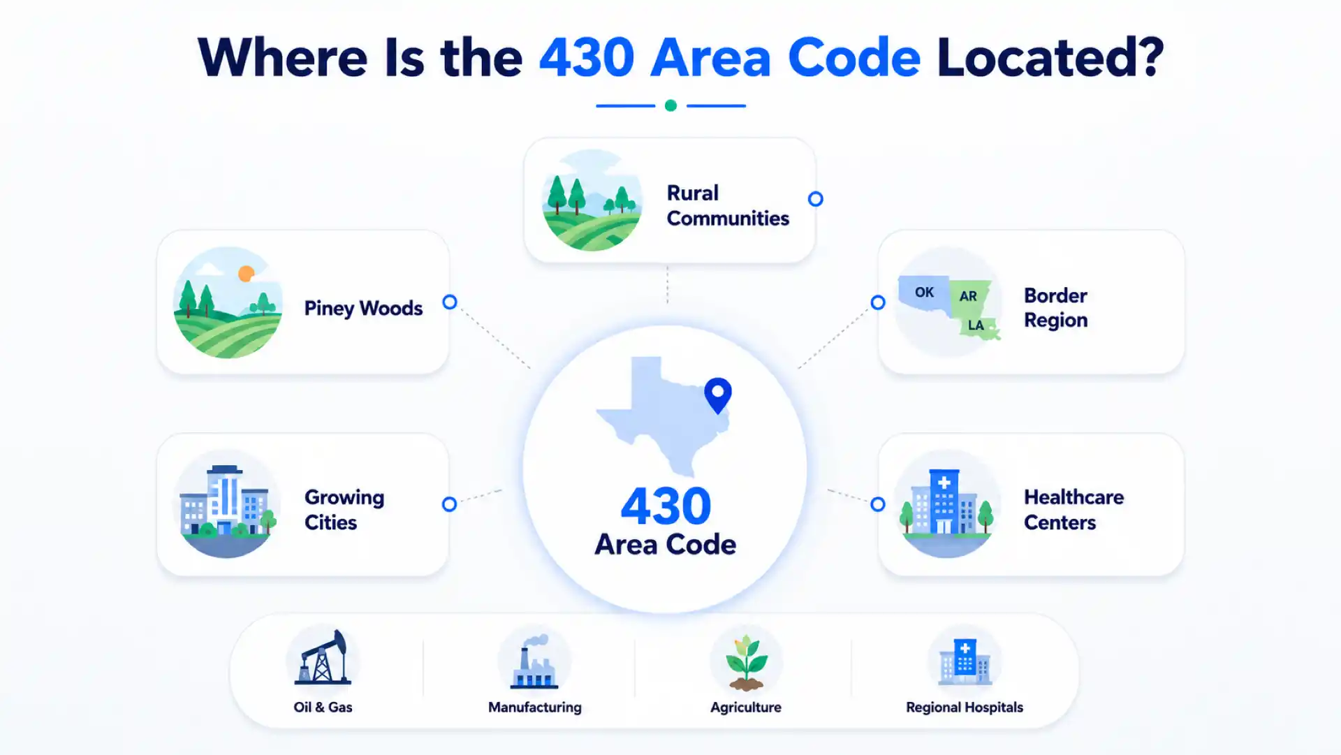 Where is the 430 area code located — northeast Texas coverage map with cities and economy highlights