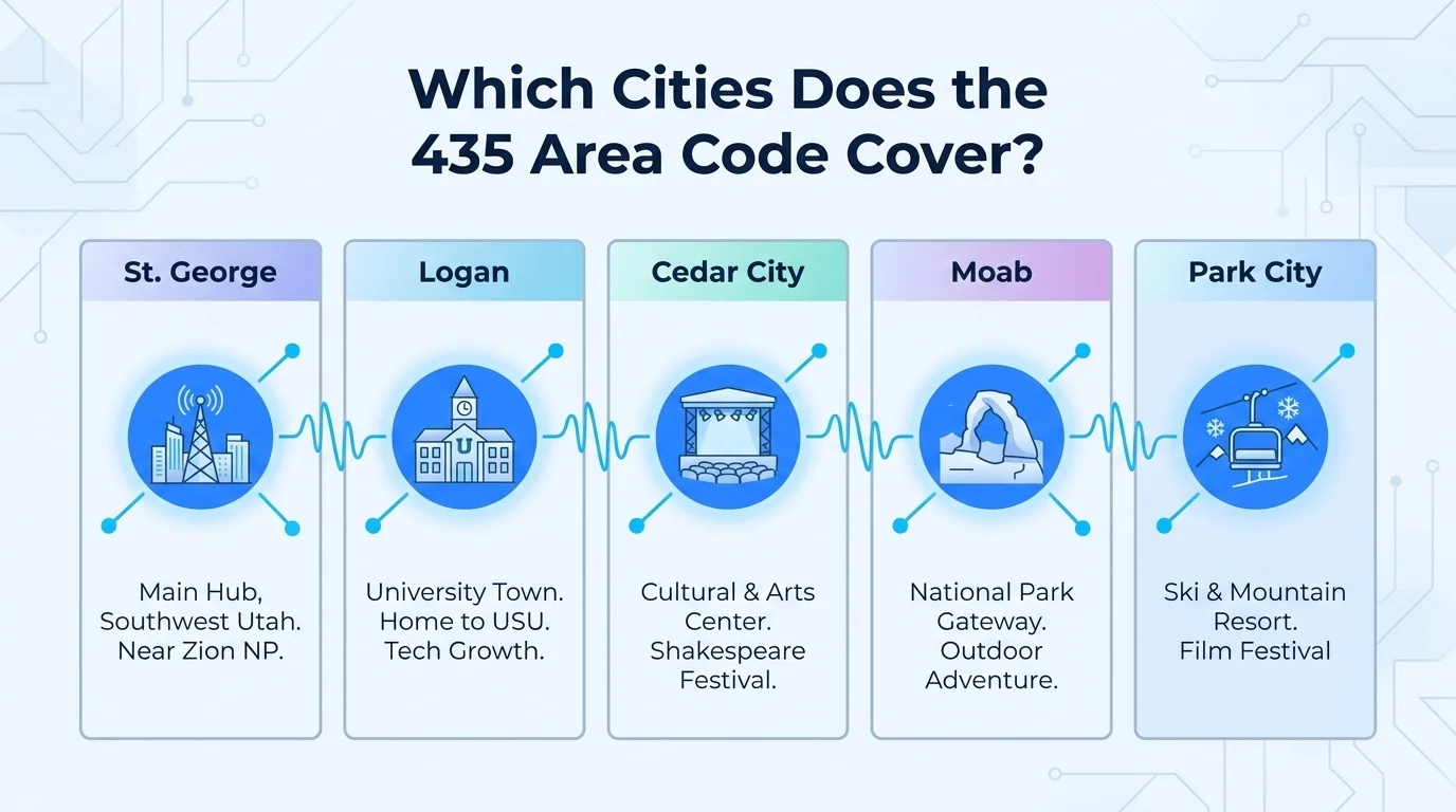 Major cities covered by the 435 area code across rural Utah