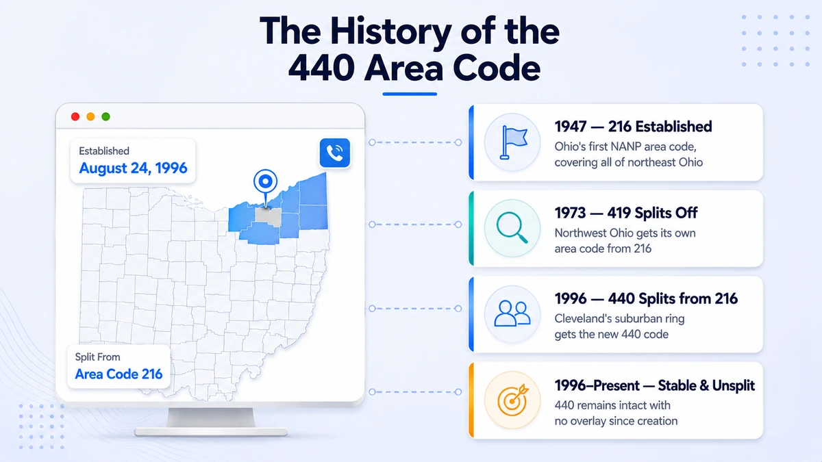 Timeline showing the history of the 440 area code from the 1996 split from 216 to the present day