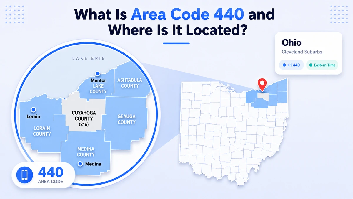 440 area code coverage map showing northeast Ohio suburban ring surrounding Cleveland including Lorain, Mentor, and Medina