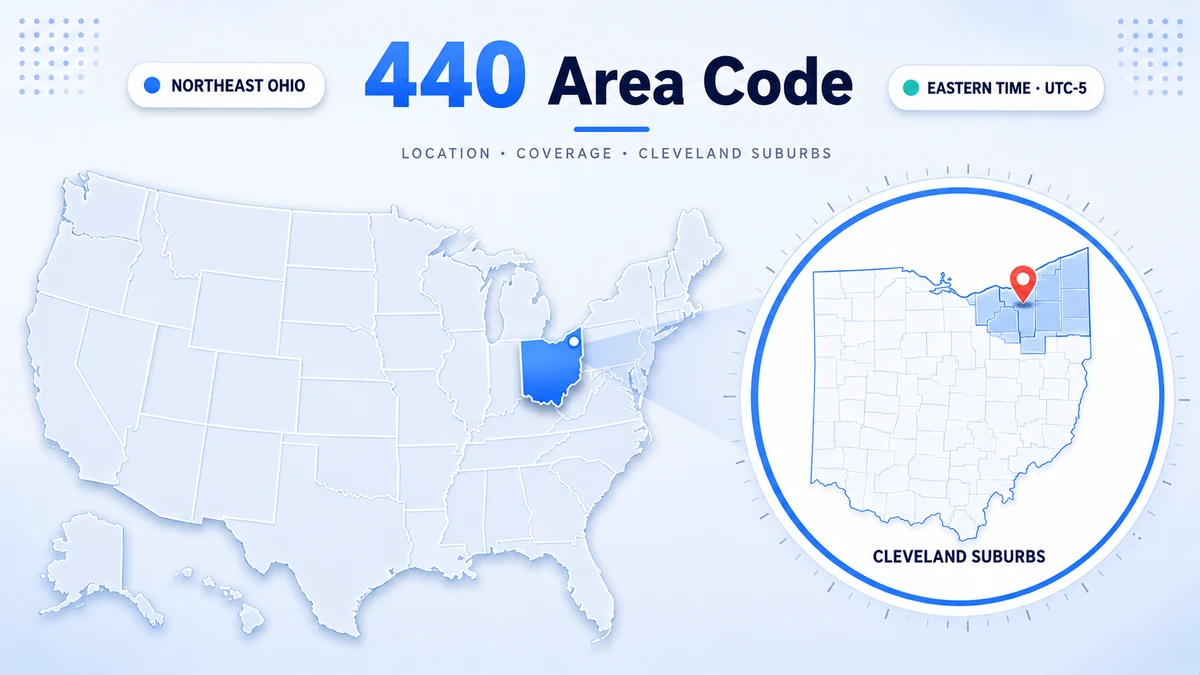 440 area code — northeast Ohio coverage map showing Lorain, Elyria, Mentor, and Strongsville surrounding Cleveland