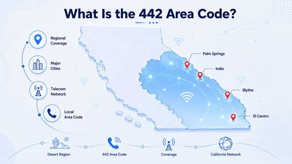 Map of cities covered by the 442 area code in Southern California — Palm Springs, Palm Desert, Indio, Victorville, Hesperia, Oceanside, Escondido, El Centro, and Calexico across the Coachella Valley, High Desert, North San Diego County, and Imperial County
