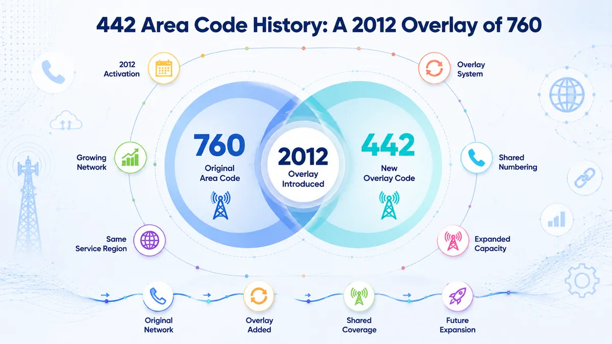 History of the 442 area code — introduced in 2012 as a full overlay of the 760 area code in Southern California, covering the Coachella Valley, High Desert, North San Diego County, and Imperial County