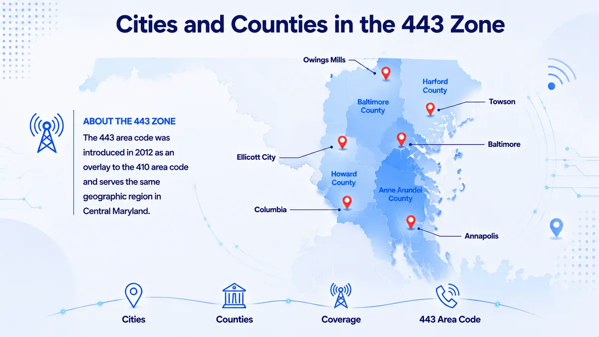 Cities covered by the 443 area code in Maryland — Baltimore City, Towson, Annapolis, Columbia, Ellicott City, Bel Air, Aberdeen, and dozens of Eastern Shore communities across Baltimore County, Anne Arundel County, Howard County, Harford County, and Carroll County