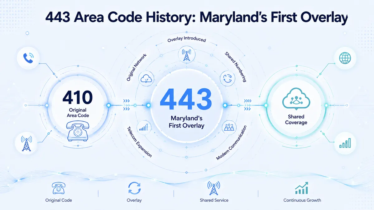 History of the 443 area code — introduced in 1997 as Maryland's first overlay of the 410 area code, which itself was split from the original 301 code in 1991 to cover Baltimore and eastern Maryland