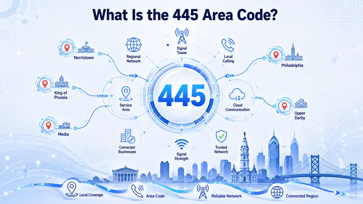 Map of cities covered by the 445 area code in Pennsylvania — Philadelphia, Norristown, King of Prussia, Doylestown, Levittown, Lansdale, Blue Bell, and Willow Grove across Philadelphia County, Montgomery County, and Bucks County