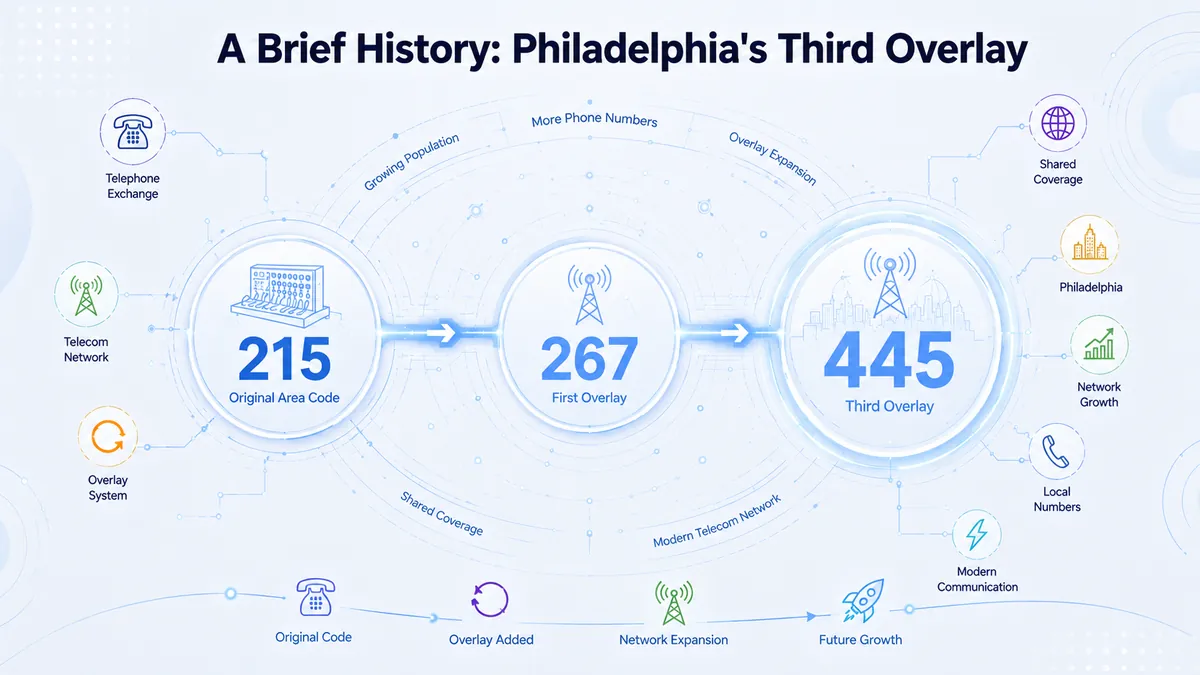 History of the 445 area code — introduced in 2023 as the third overlay of 215 and 267 in the Philadelphia region, following the original 215 code established in 1947 and the 267 overlay introduced in 1999