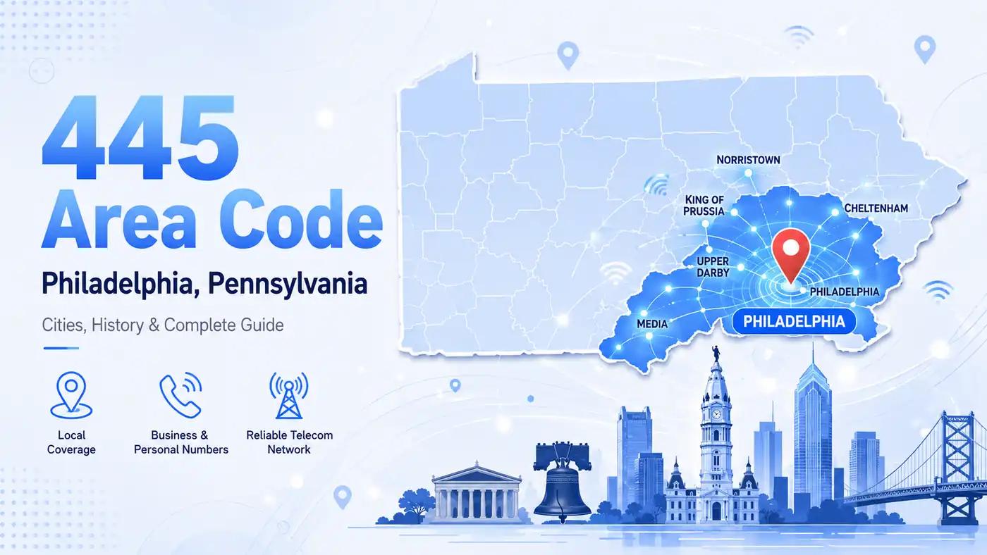 445 area code — Pennsylvania map covering Philadelphia County, Montgomery County including Norristown and King of Prussia, and Bucks County including Doylestown and Levittown