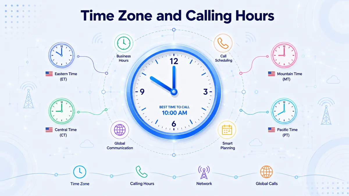 447 area code time zone — Central Time Zone (CST/CDT) calling hours for central Illinois, showing best windows from Eastern, Mountain, and Pacific time zones