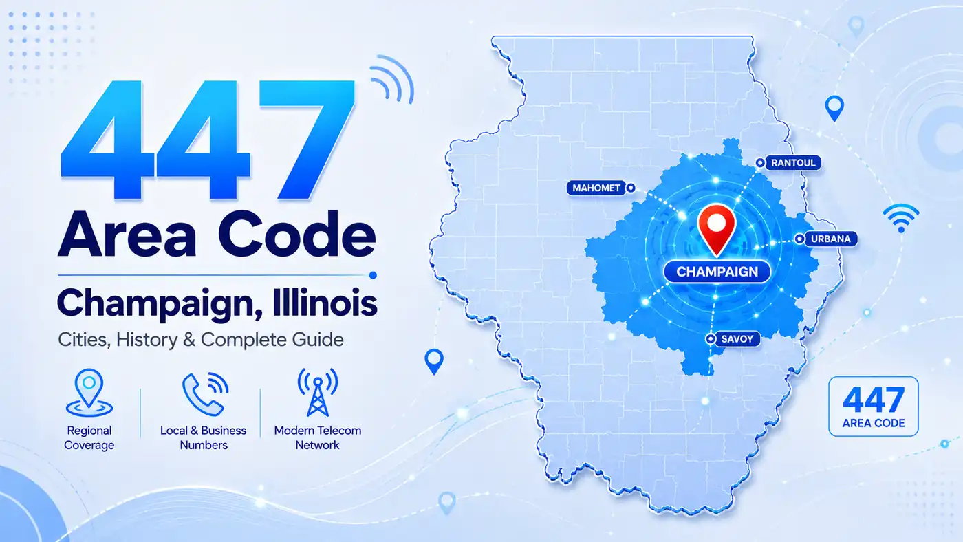447 area code — central Illinois map covering Champaign, Urbana, Springfield, Decatur, Danville, Bloomington-Normal, and Quincy across the 217 overlay territory