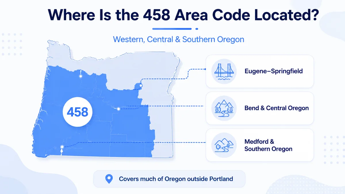 458 area code cities — Eugene, Springfield, Bend, Medford, Corvallis, Albany, Roseburg, Ashland, Grants Pass, Klamath Falls, Coos Bay, Pendleton, La Grande spanning western, central, and southern Oregon