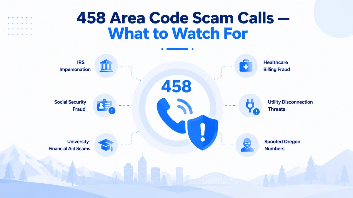 458 area code scam calls — IRS impersonation, Social Security fraud, university financial aid scams, healthcare billing fraud, and utility disconnection threats using spoofed Oregon numbers