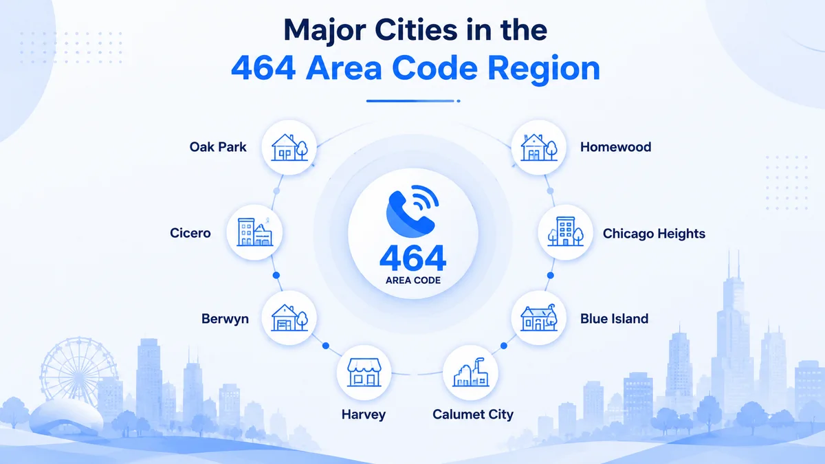 Coverage rings showing major cities in the 464 area code — Oak Park, Cicero, Berwyn, Harvey, Calumet City, Blue Island, Chicago Heights, and Homewood