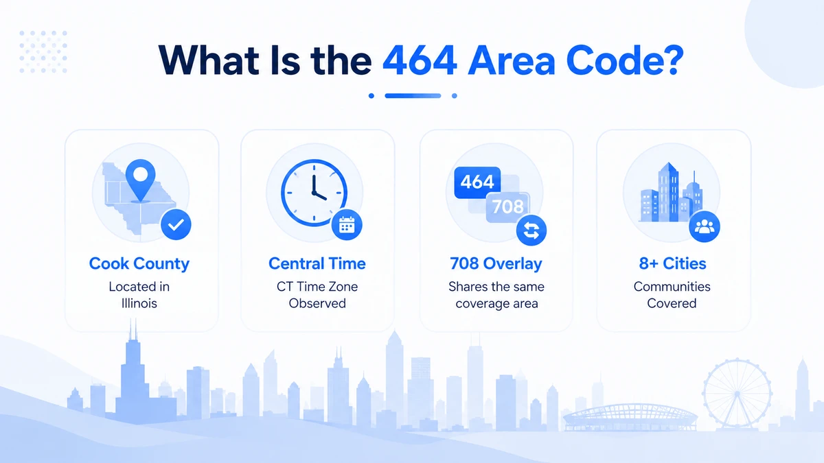 What is the 464 area code — big stat tiles showing Cook County location, Central Time zone, 708 overlay relationship, and 8+ cities covered